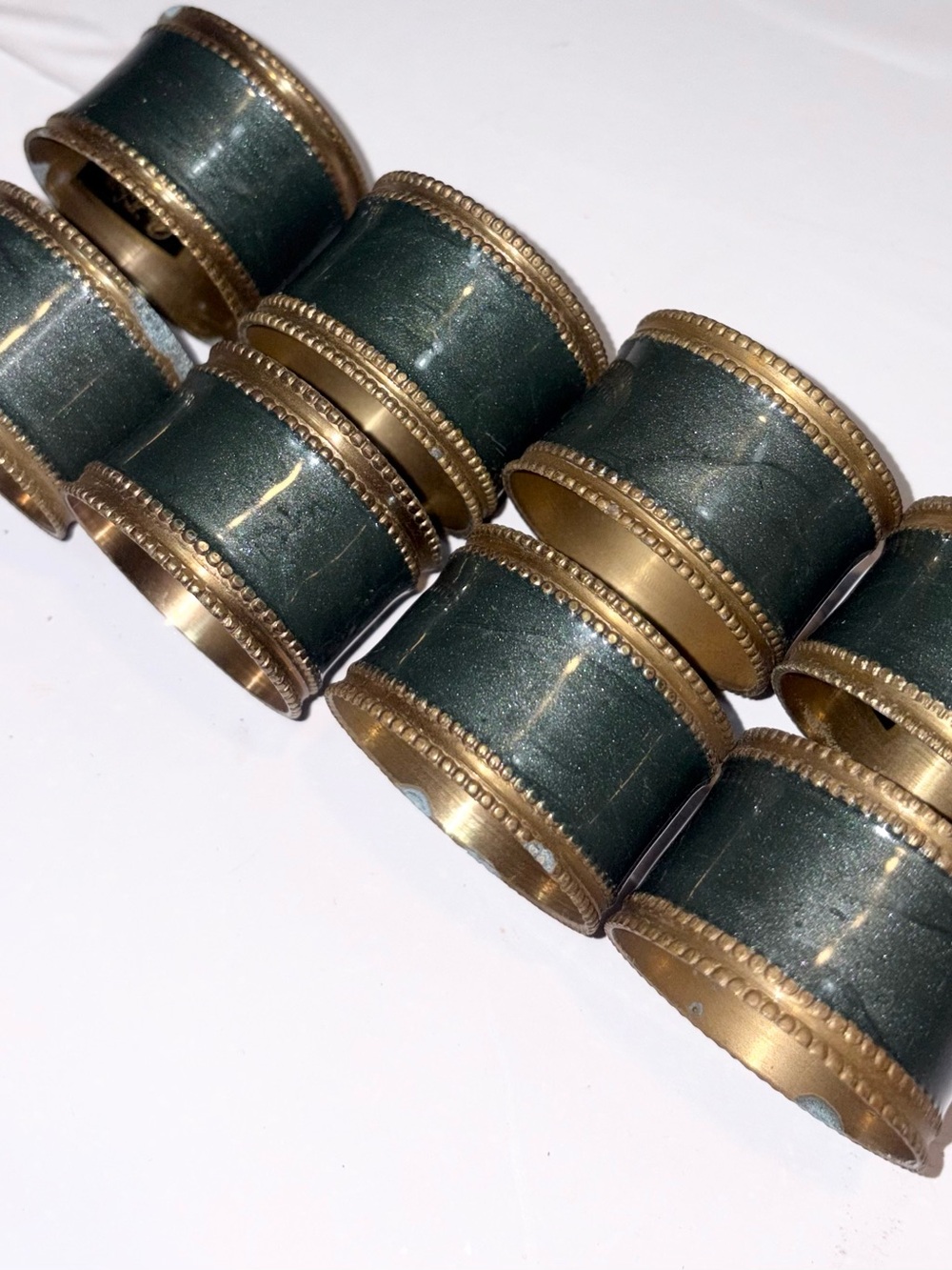 Set of 8 Brass & Green Enamel napkins Rings